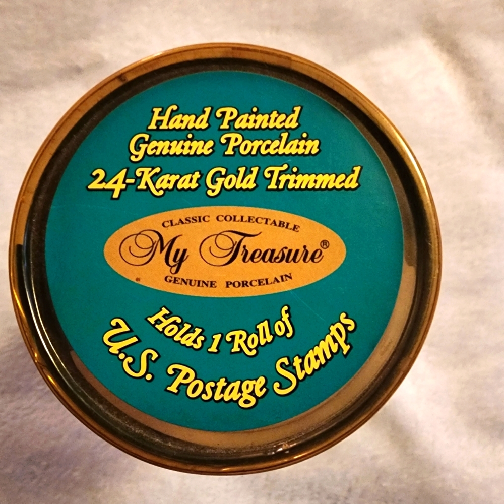 My Treasure collectible hand painted genuine porcelain postage stamp holder